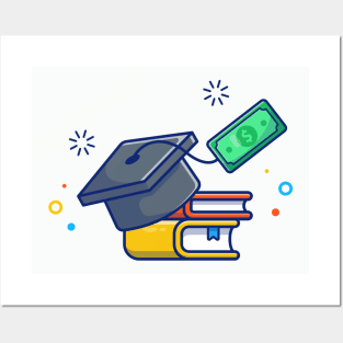 Scholarship, Graduation Cap, Money And Books Cartoon Posters and Art